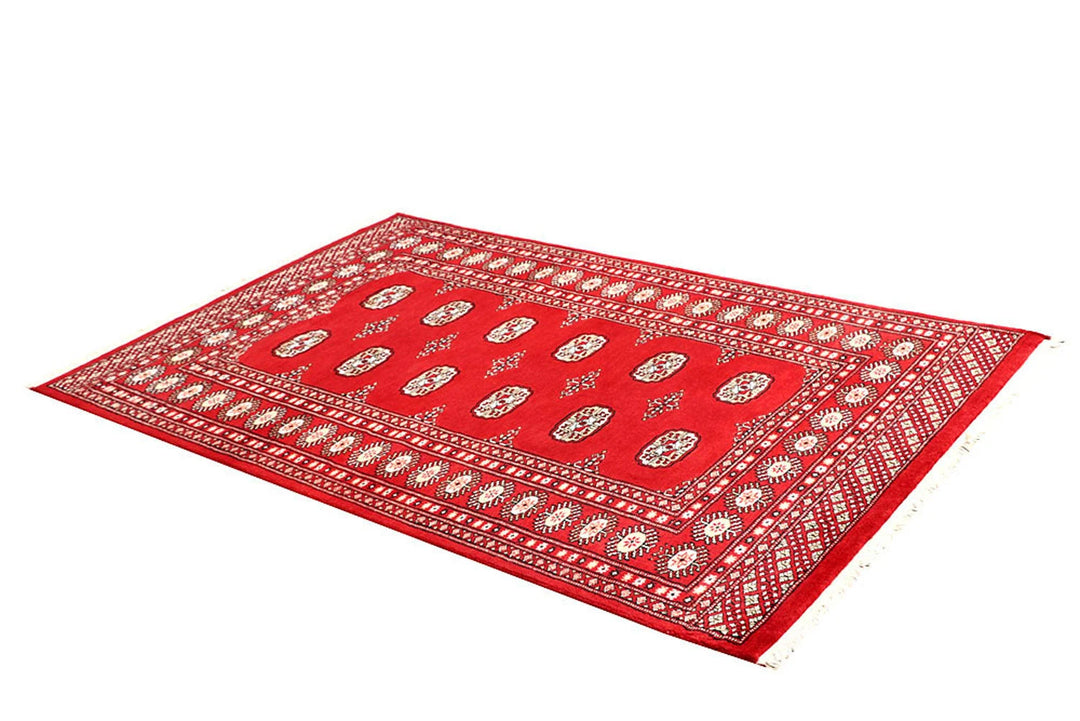 Red Pakistani Bokhara Rug 4' 2" x 6' 6" Hand-Knotted | No. QA61172