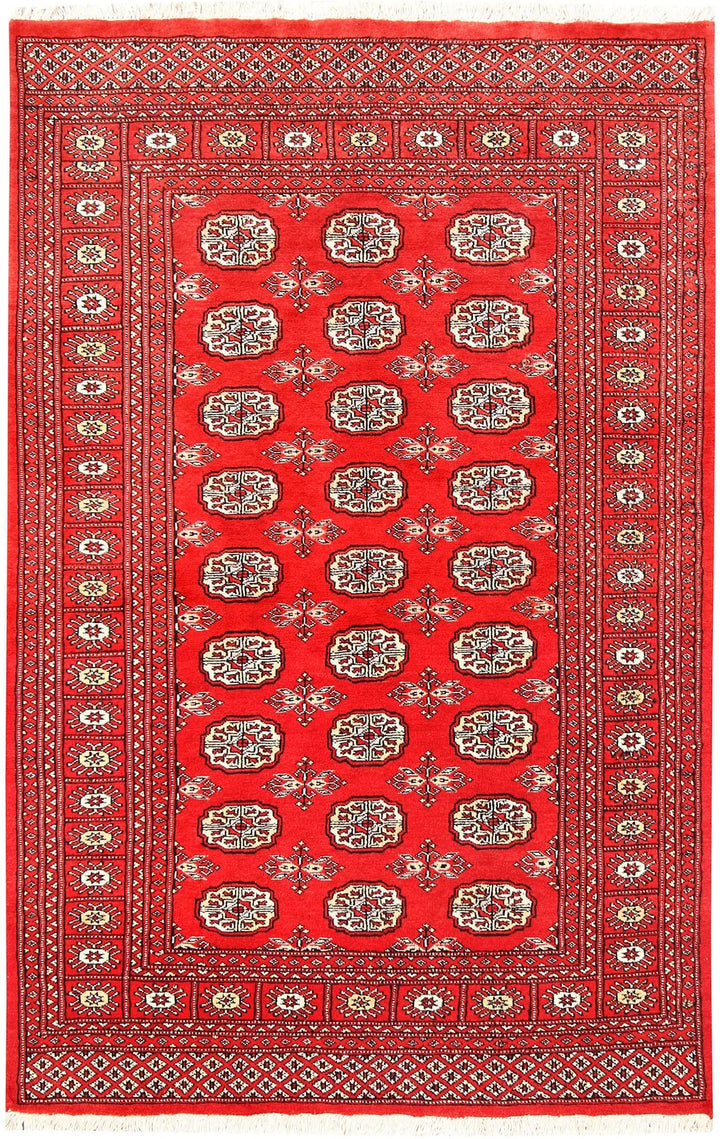 Orange Red Pakistani Bokhara Rug 4' x 6' 2" Hand-Knotted | No. QA61327