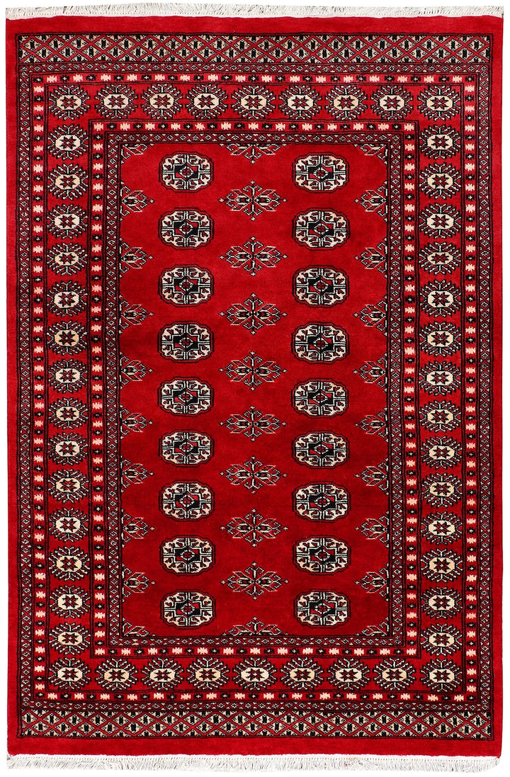 Red Pakistani Bokhara Rug 4' x 6' Hand-Knotted | No. QA61596