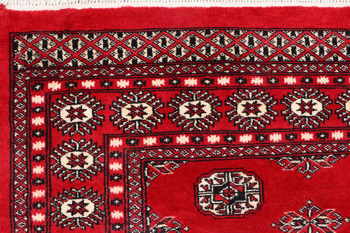 Red Pakistani Bokhara Rug 4' x 6' Hand-Knotted | No. QA61596