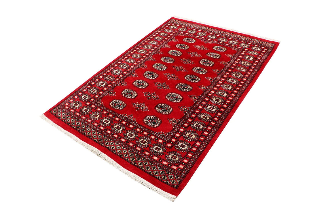 Red Pakistani Bokhara Rug 4' x 6' Hand-Knotted | No. QA61596
