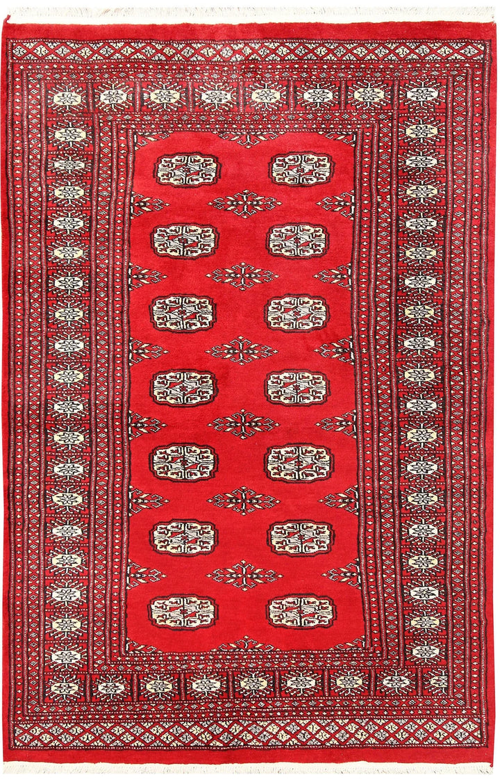 Red Pakistani Bokhara Rug 4' 2" x 6' 5" Hand-Knotted | No. QA61648