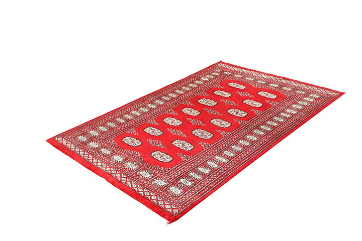 Red Pakistani Bokhara Rug 4' 2" x 6' 5" Hand-Knotted | No. QA61648