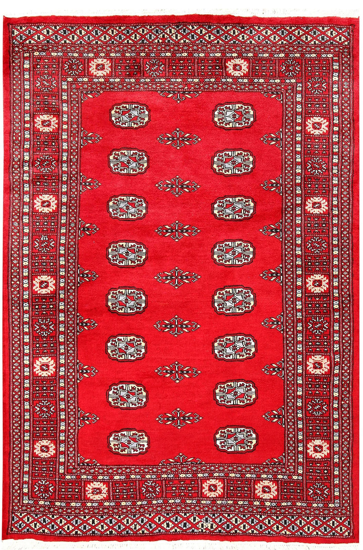 Red Pakistani Bokhara Rug 4' 2" x 6' Hand-Knotted | No. QA62227