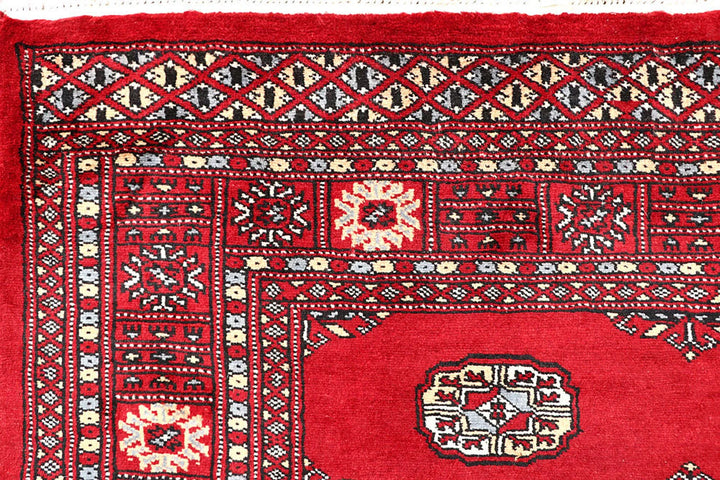 Red Pakistani Bokhara Rug 4' 2" x 6' Hand-Knotted | No. QA62227