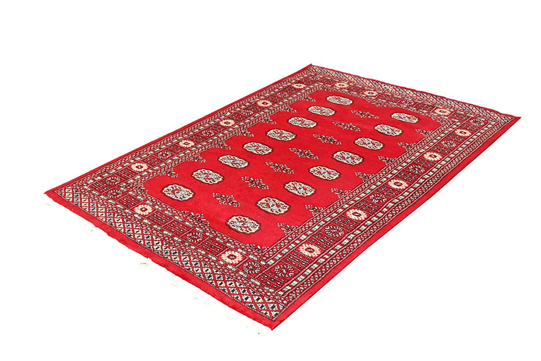 Red Pakistani Bokhara Rug 4' 2" x 6' Hand-Knotted | No. QA62227