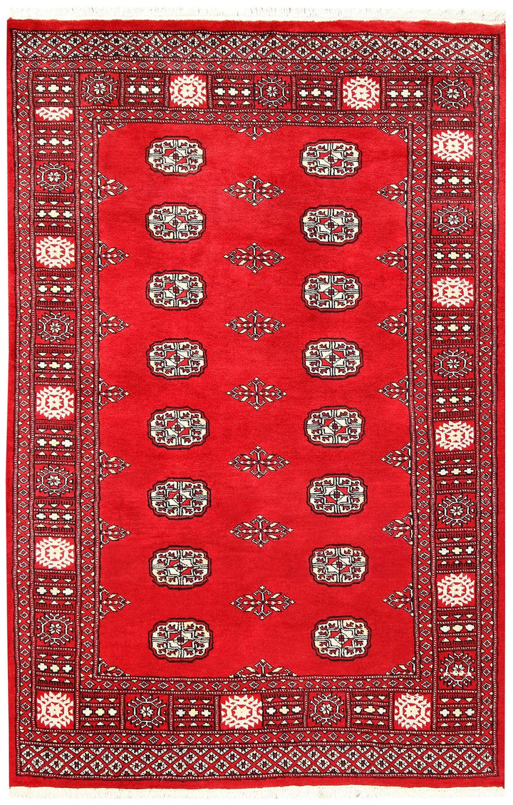 Red Pakistani Bokhara Rug 4' 1" x 6' 6" Hand-Knotted | No. QA62313