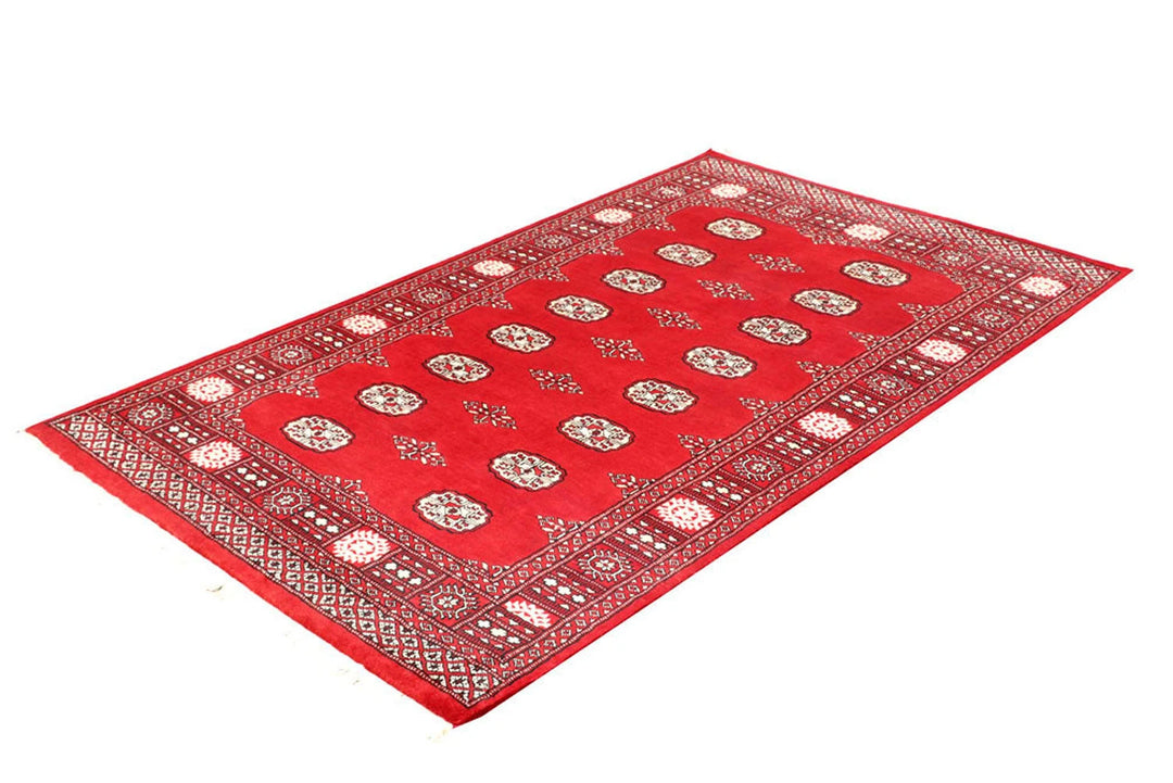 Red Pakistani Bokhara Rug 4' 1" x 6' 6" Hand-Knotted | No. QA62313