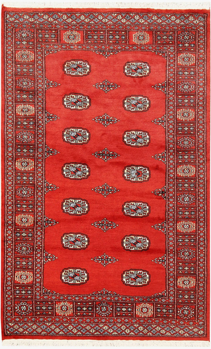 Orange Red Pakistani Bokhara Rug 4' 1" x 6' 3" Hand-Knotted | No. QA62400