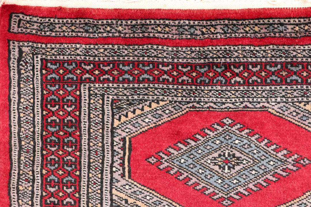 Firebrick Red Pakistani Jaldar Rug 2' 2" x 6' 1" Hand-Knotted | No. QA63673