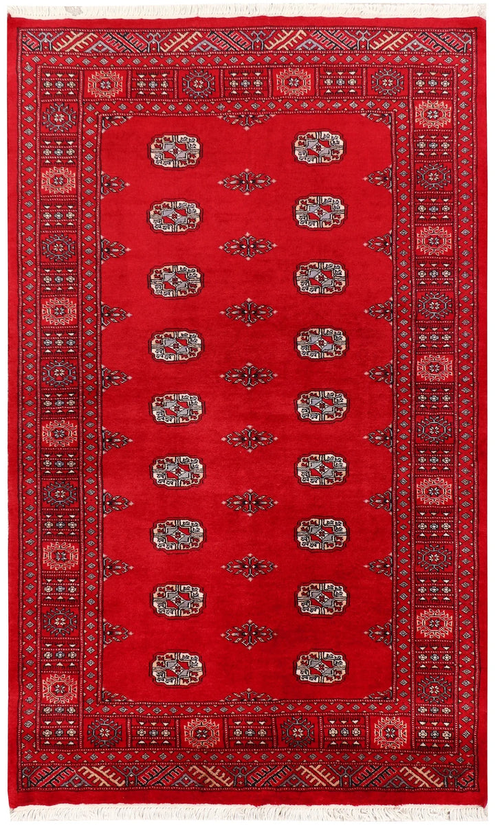 Red Pakistani Bokhara Rug 4' 2" x 6' 8" Hand-Knotted | No. QA63971