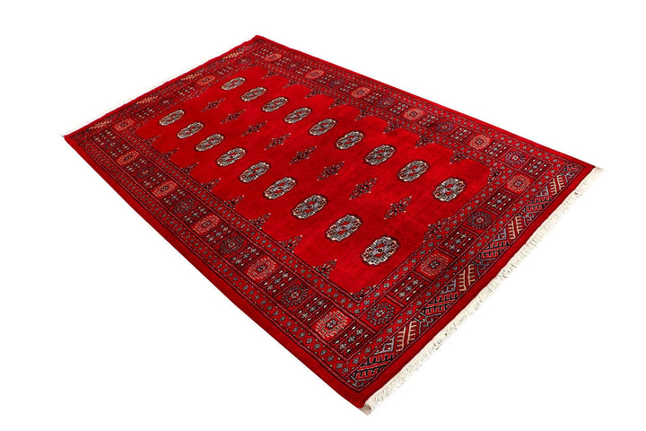 Red Pakistani Bokhara Rug 4' 2" x 6' 8" Hand-Knotted | No. QA63971