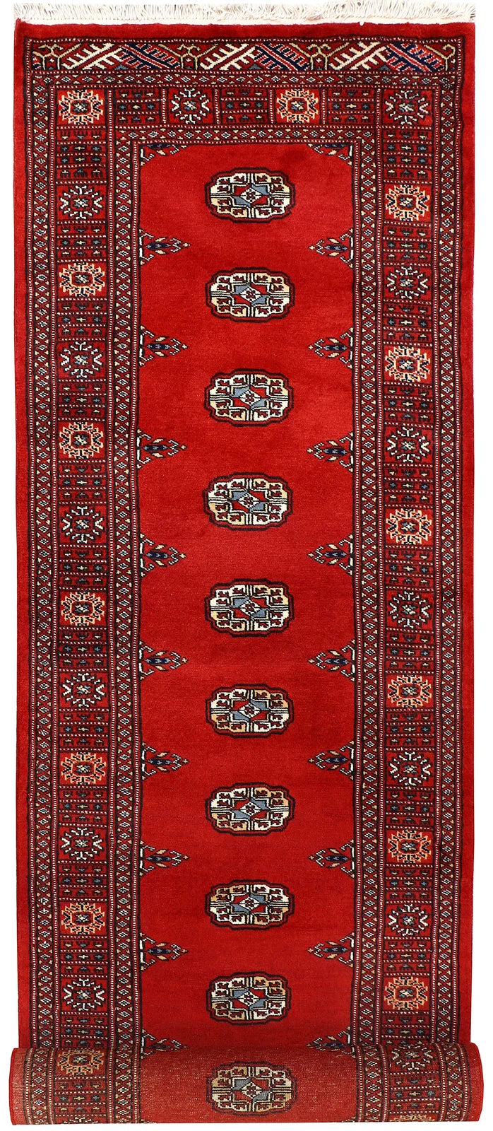 Red Pakistani Bokhara Rug 2' 6" x 10' 5" Hand-Knotted | No. QA64353