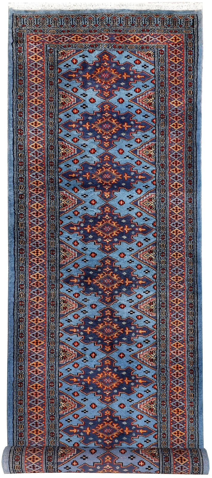 Light Sky Blue Pakistani Jaldar Rug 2' 9" x 10' 1" Hand-Knotted | No. QA66076