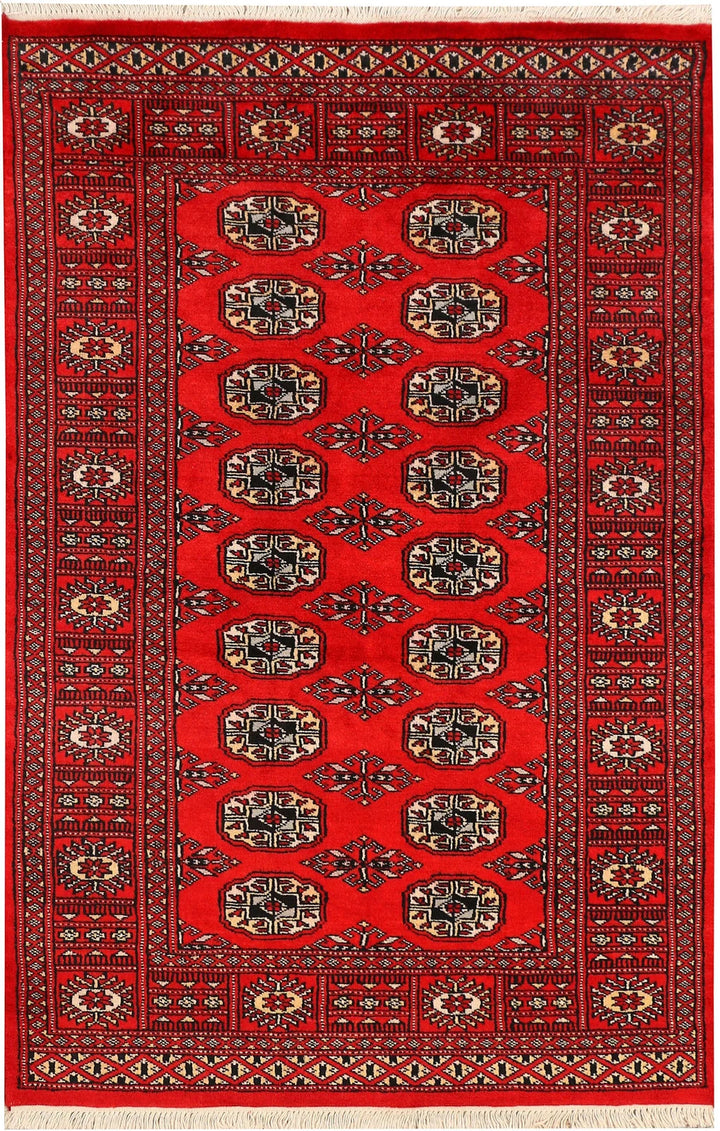 Red Pakistani Bokhara Rug 3' 1" x 5' 2" Hand-Knotted | No. QA66696
