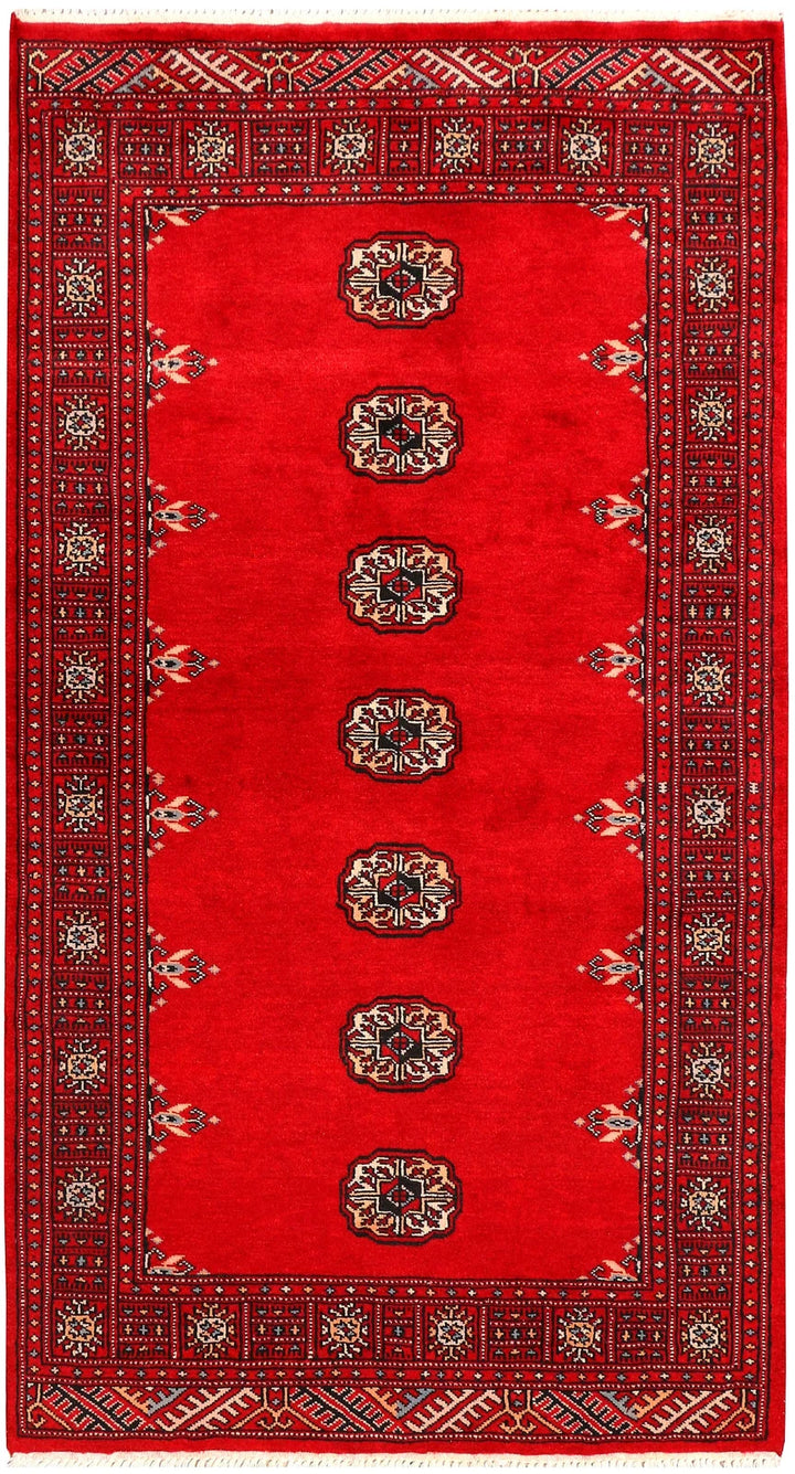 Red Pakistani Bokhara Rug 3' 1" x 5' 7" Hand-Knotted | No. QA68637