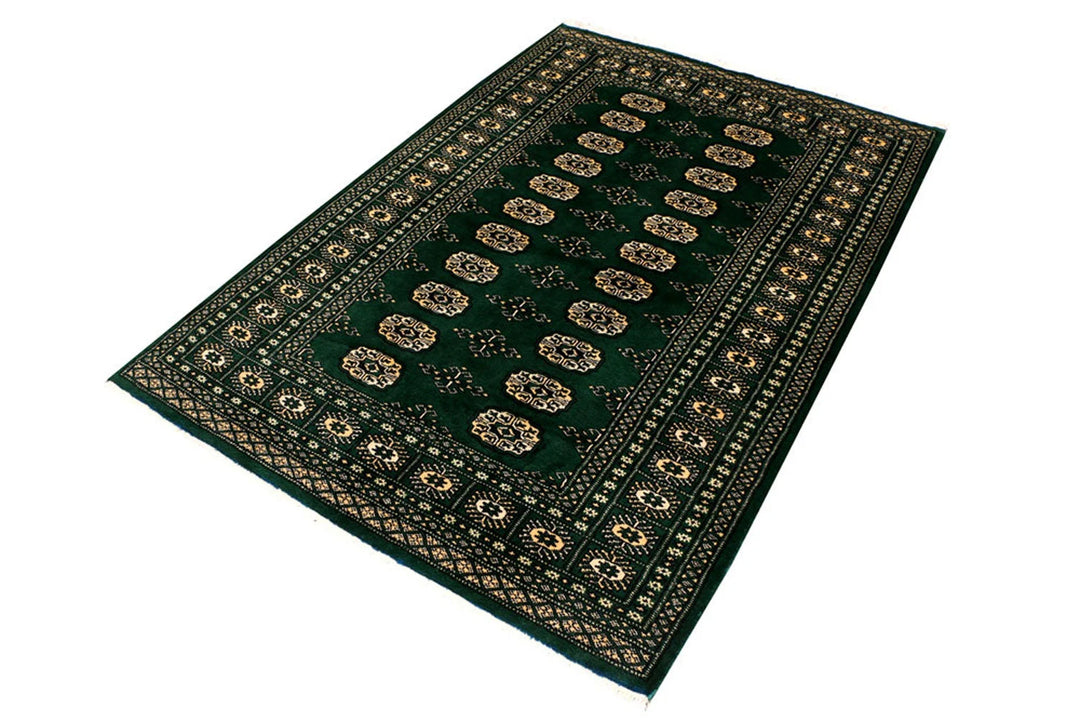 Sea Green Pakistani Bokhara Rug 4'2" x 6' Hand-Knotted | No. QA68687