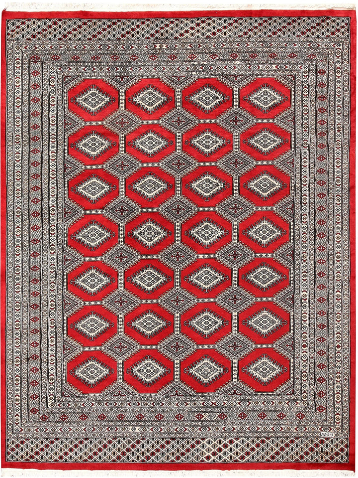 Firebrick Red Pakistani Jaldar Rug 6' 8" x 9' 7" Hand-Knotted | No. QA68854