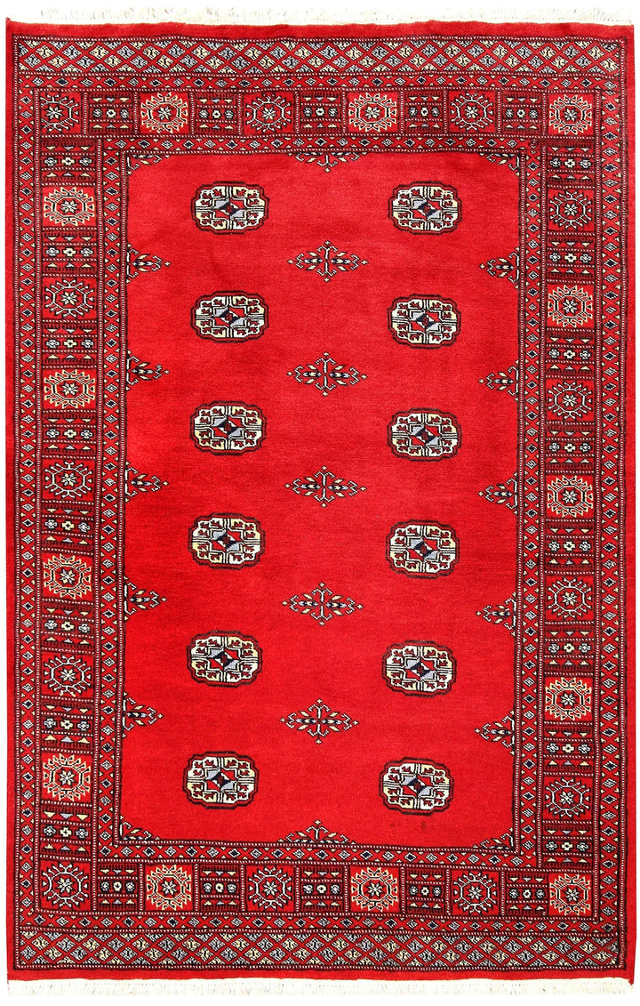 Red Pakistani Bokhara Rug 4' 1" x 6' 2" Hand-Knotted | No. QA69058