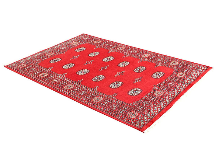 Red Pakistani Bokhara Rug 4' 1" x 6' 2" Hand-Knotted | No. QA69058