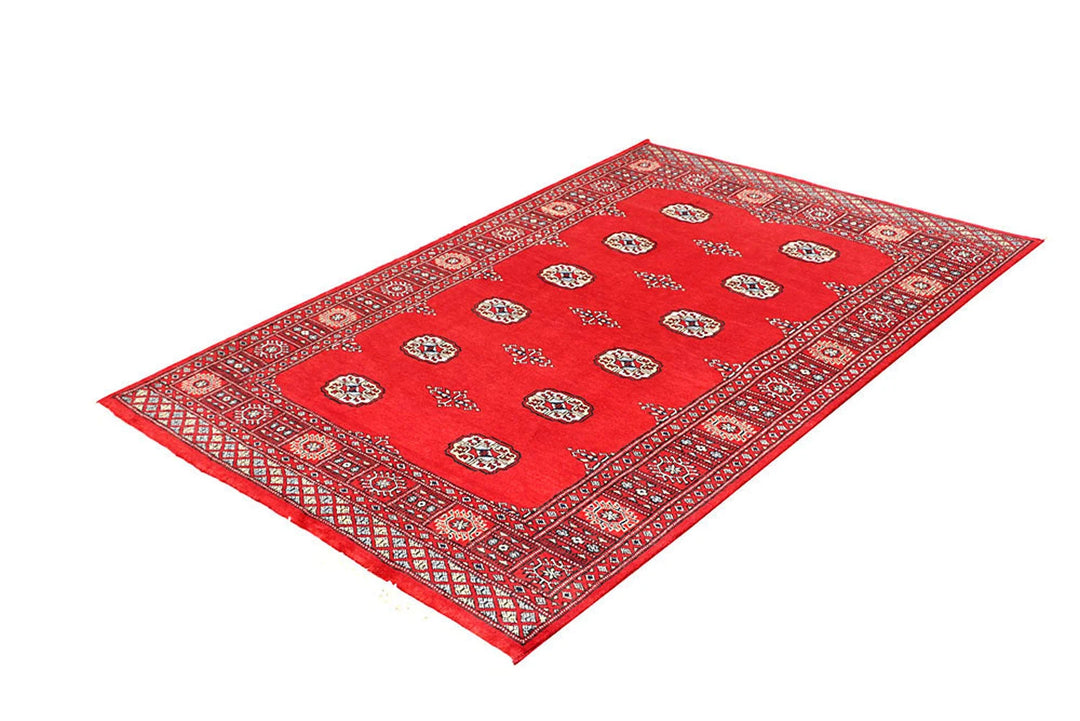 Red Pakistani Bokhara Rug 4' 1" x 6' 2" Hand-Knotted | No. QA69058