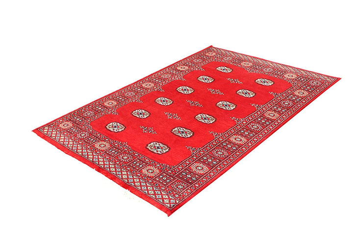 Red Pakistani Bokhara Rug 4' 1" x 6' 2" Hand-Knotted | No. QA69058