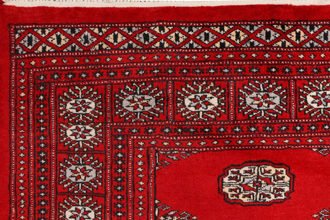 Red Pakistani Bokhara Rug 4' 5" x 6' " Hand-Knotted | No. QA69581