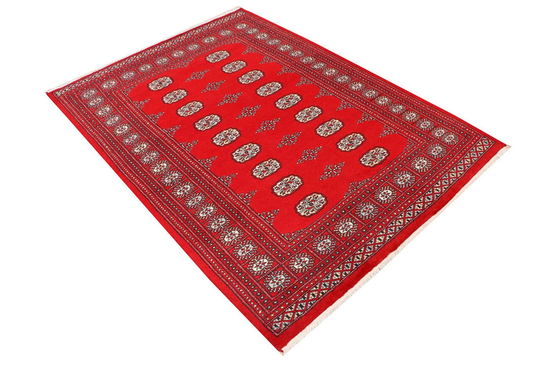 Red Pakistani Bokhara Rug 4' 5" x 6' " Hand-Knotted | No. QA69581