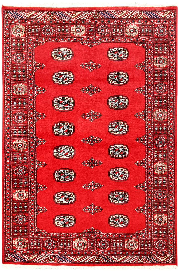 Red Pakistani Bokhara Rug 4' x 5'11" Hand-Knotted | No. QA69990
