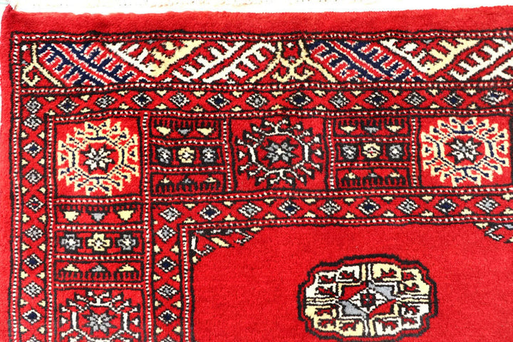 Red Pakistani Bokhara Rug 4' x 5'11" Hand-Knotted | No. QA69990