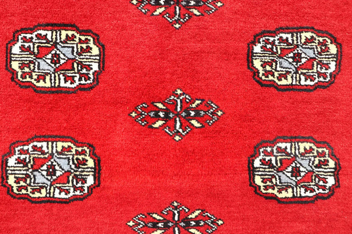 Red Pakistani Bokhara Rug 4' x 5'11" Hand-Knotted | No. QA69990