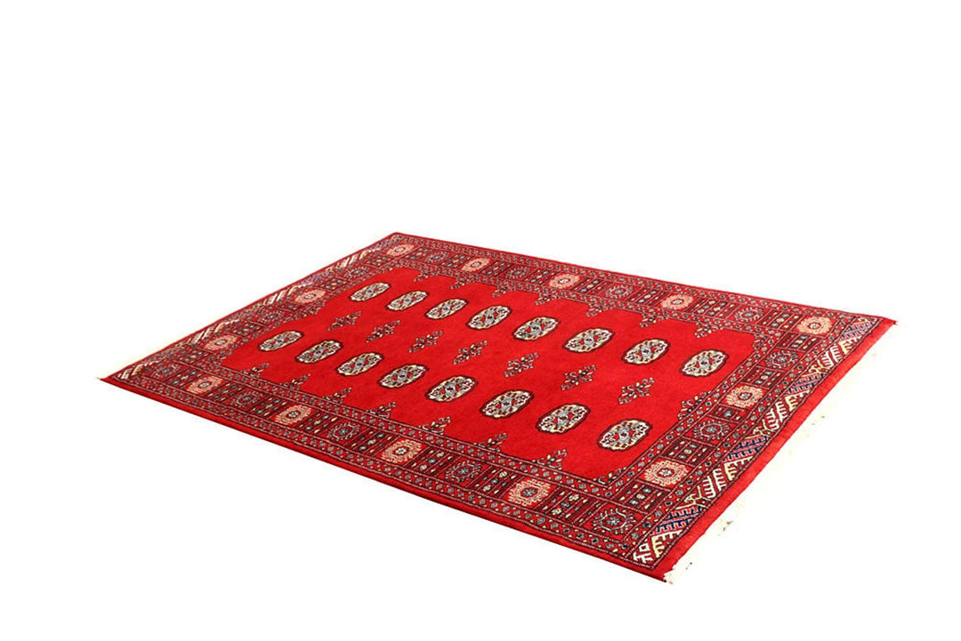 Red Pakistani Bokhara Rug 4' x 5'11" Hand-Knotted | No. QA69990