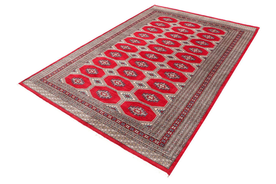 Firebrick Red Pakistani Jaldar Rug 6' 6" x 9' 8" Hand-Knotted | No. QA70630