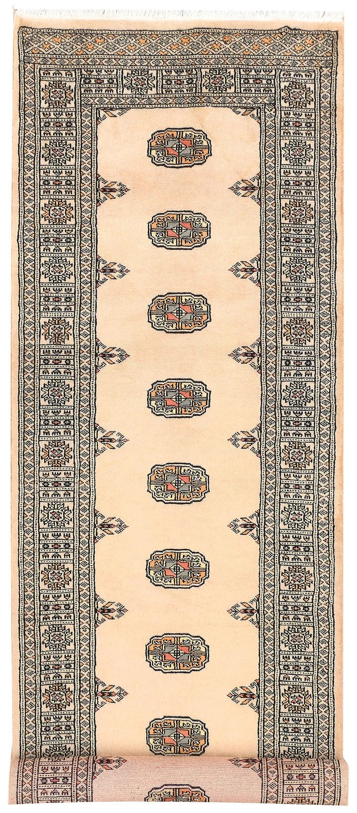 Antique White Pakistani Bokhara Rug 2' 7" x 8' 7" Hand-Knotted | No. QA70758
