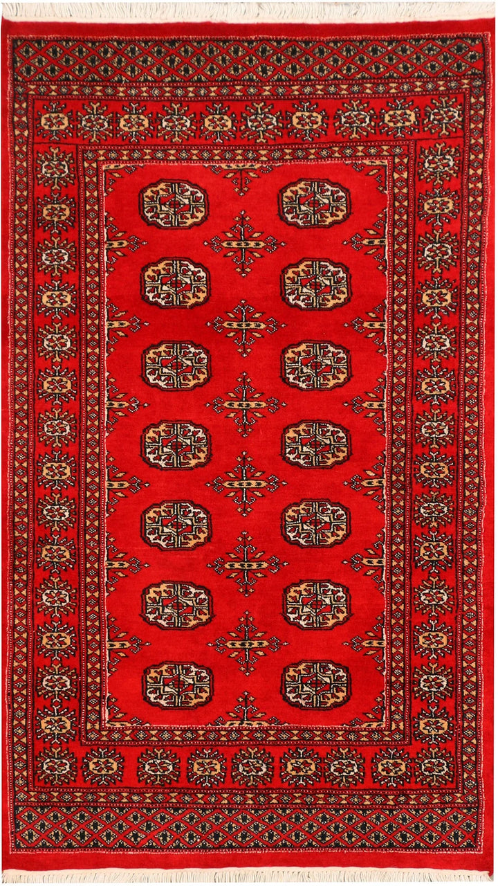 Red Pakistani Bokhara Rug 3' 1" x 5' 3" Hand-Knotted | No. QA71606