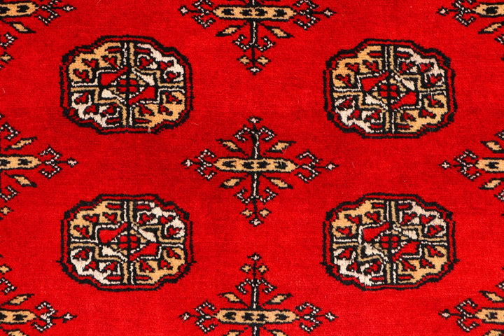 Red Pakistani Bokhara Rug 3' 1" x 5' 3" Hand-Knotted | No. QA71606