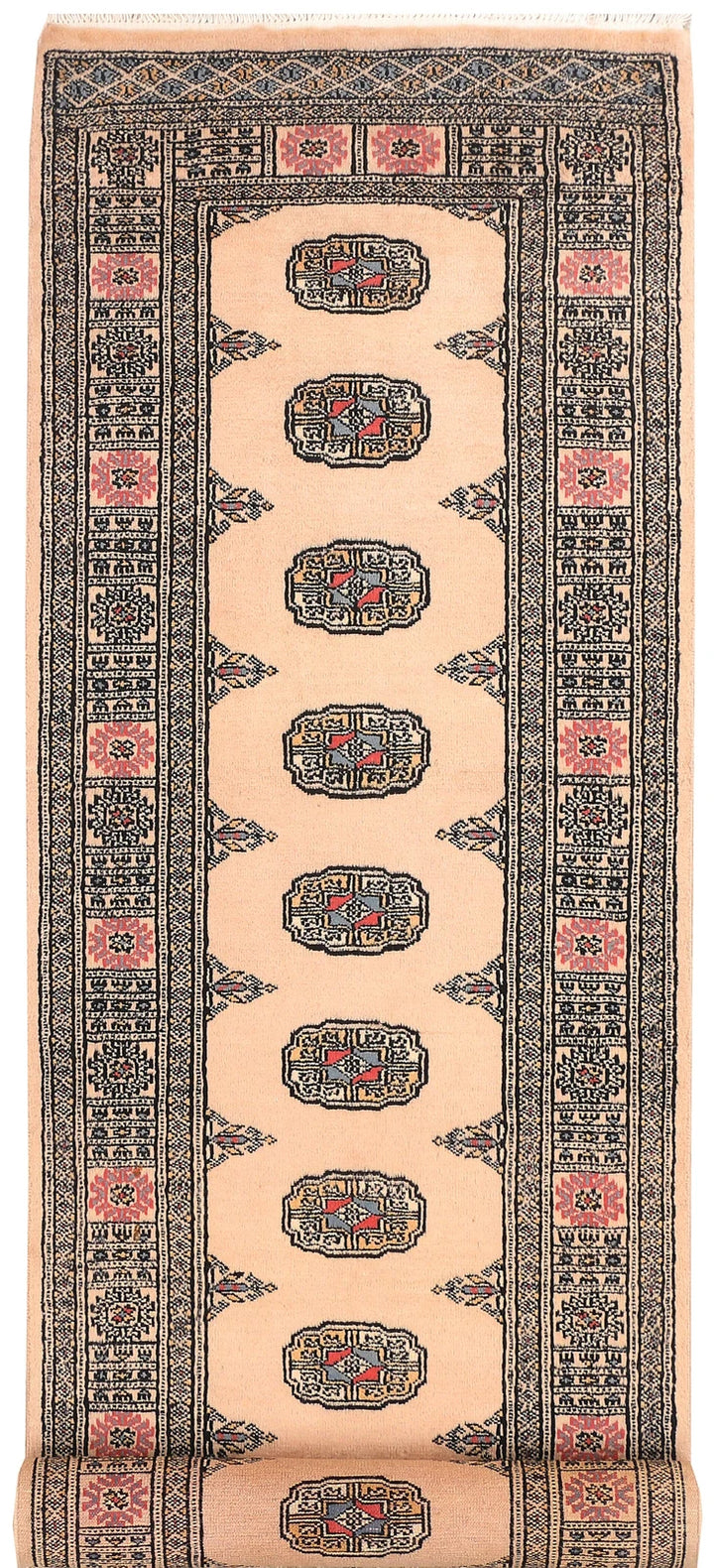 Antique White Pakistani Bokhara Rug 2' 7" x 11' 5" Hand-Knotted | No. QA71842