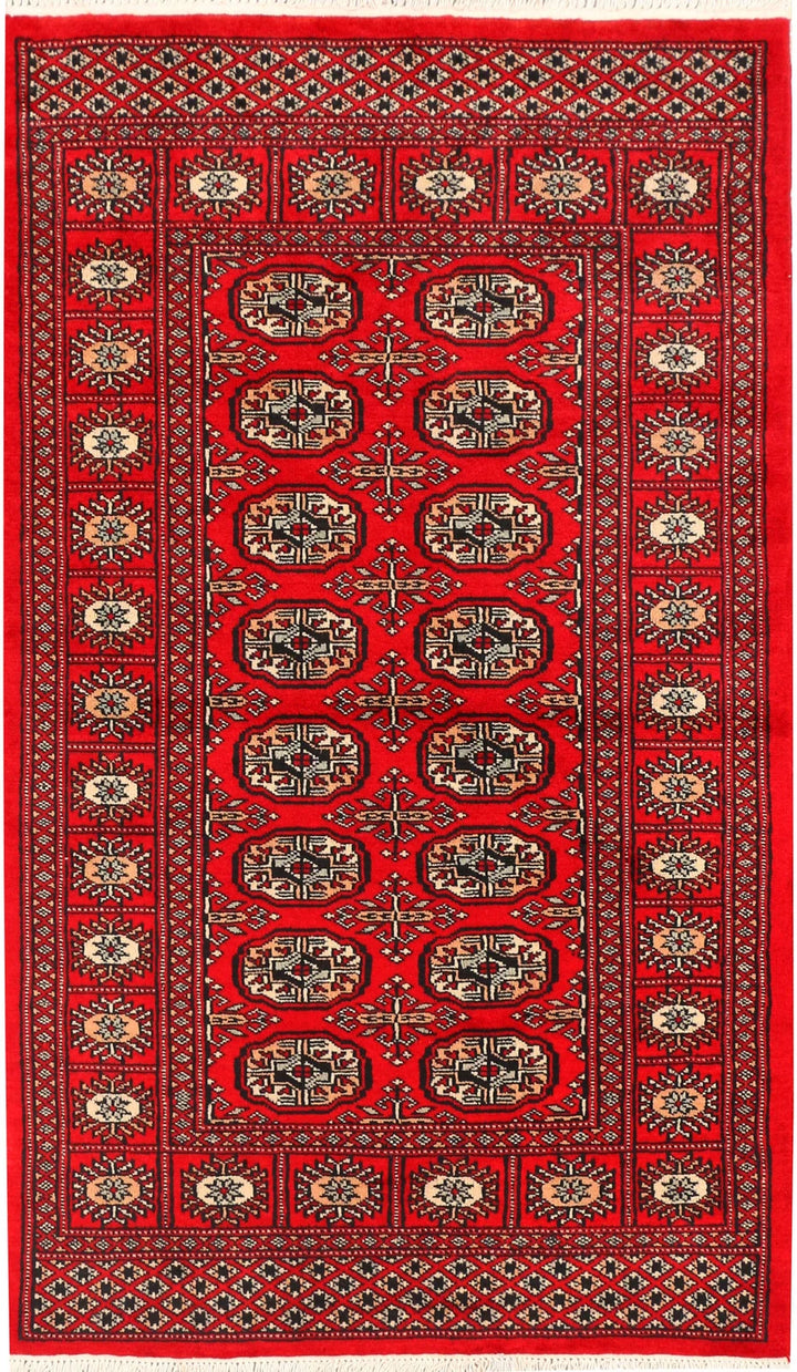 Red Pakistani Bokhara Rug 3' x 4'11" Hand-Knotted | No. QA72397