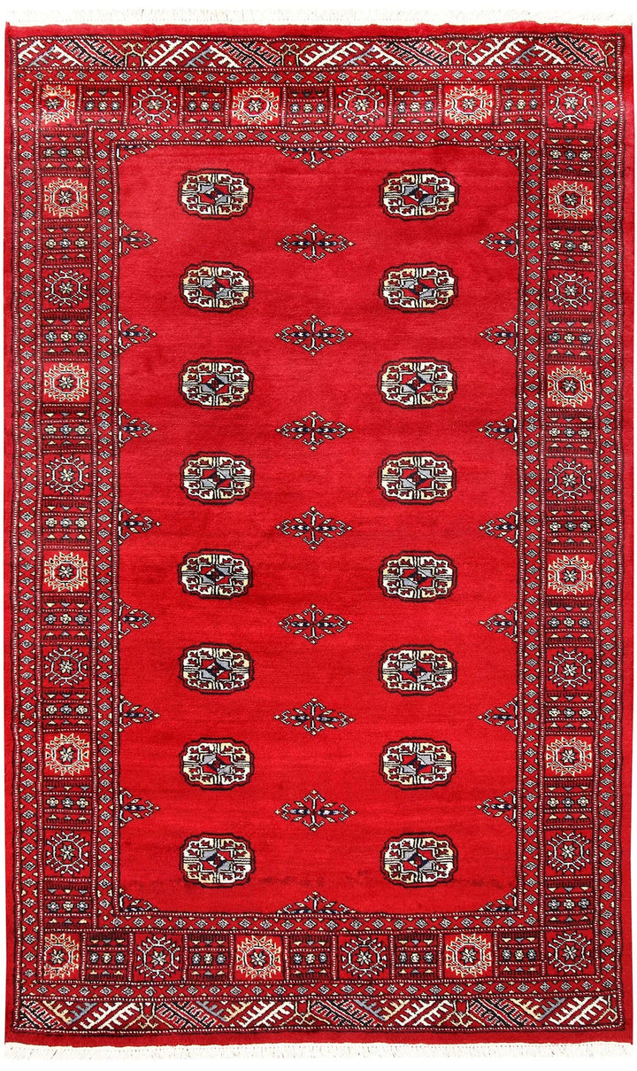 Red Pakistani Bokhara Rug 4' 2" x 6' 9" Hand-Knotted | No. QA73256