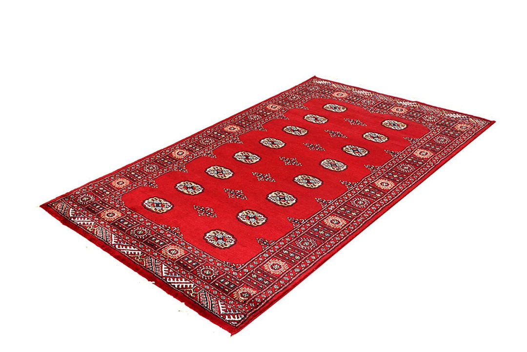 Red Pakistani Bokhara Rug 4' 2" x 6' 9" Hand-Knotted | No. QA73256