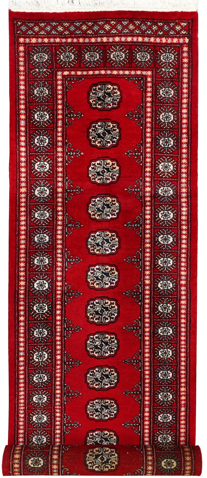 Red Pakistani Bokhara Rug 2' 6" x 9' 4" Hand-Knotted | No. QA73641