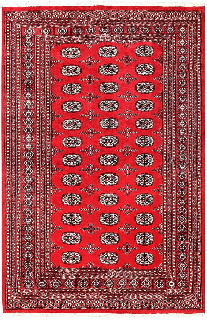 Red Pakistani Bokhara Rug 5' 6" x 8' 4" Hand-Knotted | No. QA73765