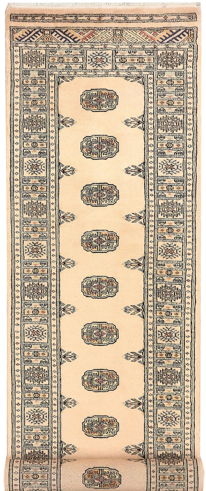 Antique White Pakistani Bokhara Rug 2' 6" x 10' 4" Hand-Knotted | No. QA74897