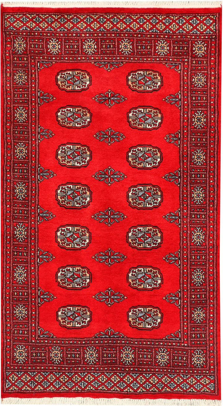 Red Pakistani Bokhara Rug 3' 1" x 5' 5" Hand-Knotted | No. QA75026
