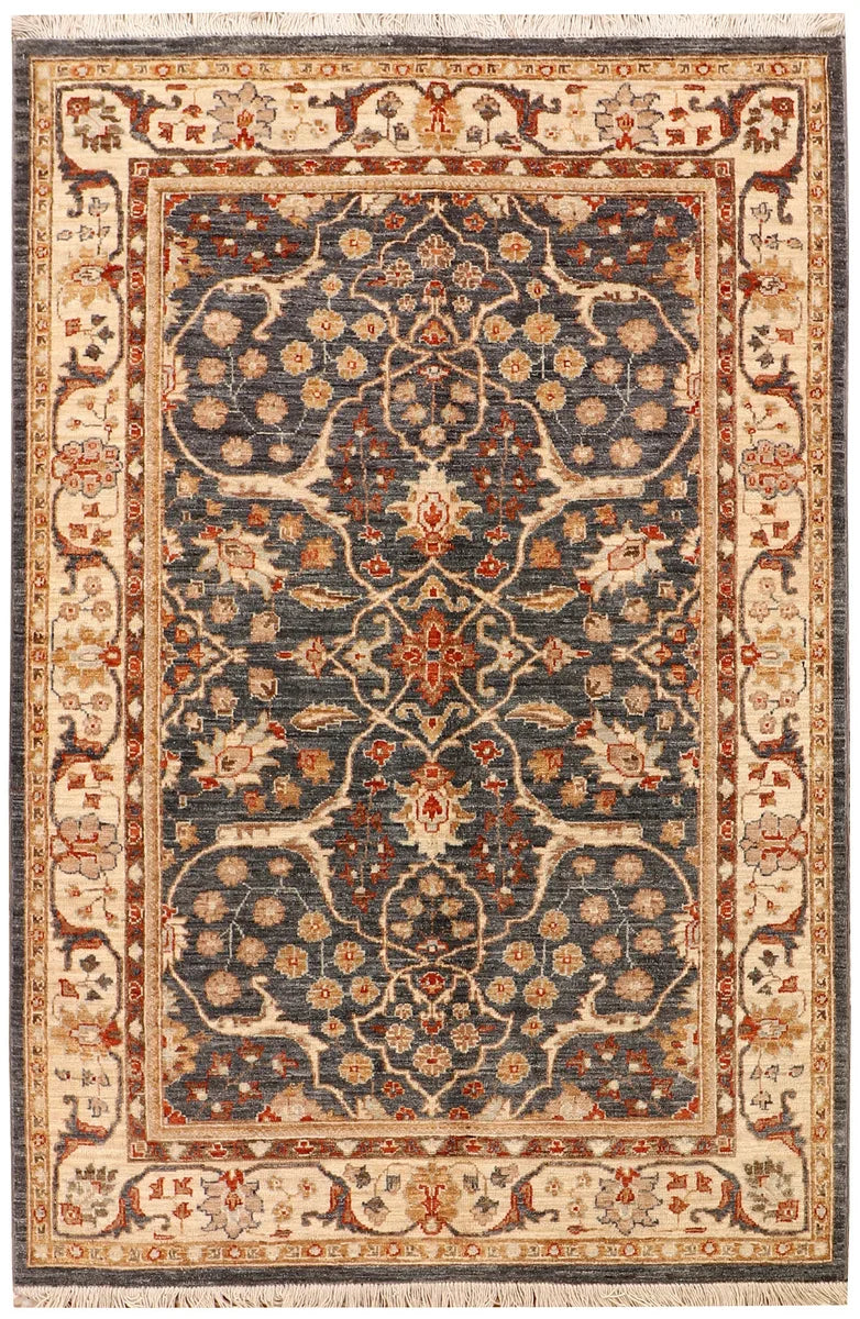 Grey Afghan Ziegler Rug 4' x 6' Hand-Knotted | No. QA75507