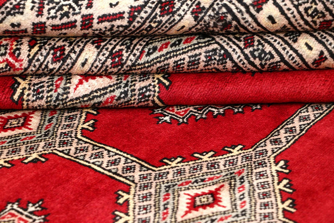 Firebrick Red Pakistani Jaldar Rug 6' 9" x 8' 5" Hand-Knotted | No. QA75796