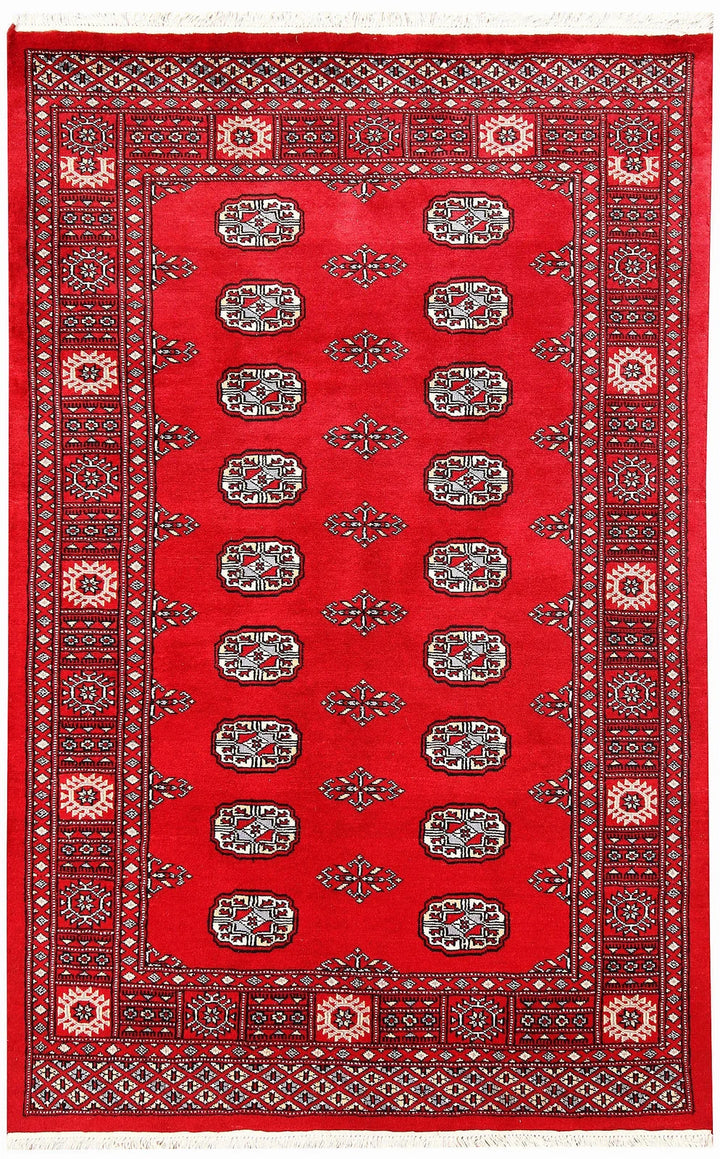Red Pakistani Bokhara Rug 4' x 6' 4" Hand-Knotted | No. QA75894
