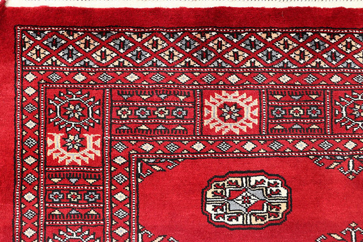 Red Pakistani Bokhara Rug 4' x 6' 4" Hand-Knotted | No. QA75894