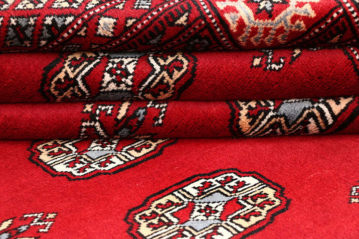 Red Pakistani Bokhara Rug 4' x 6' 4" Hand-Knotted | No. QA75894