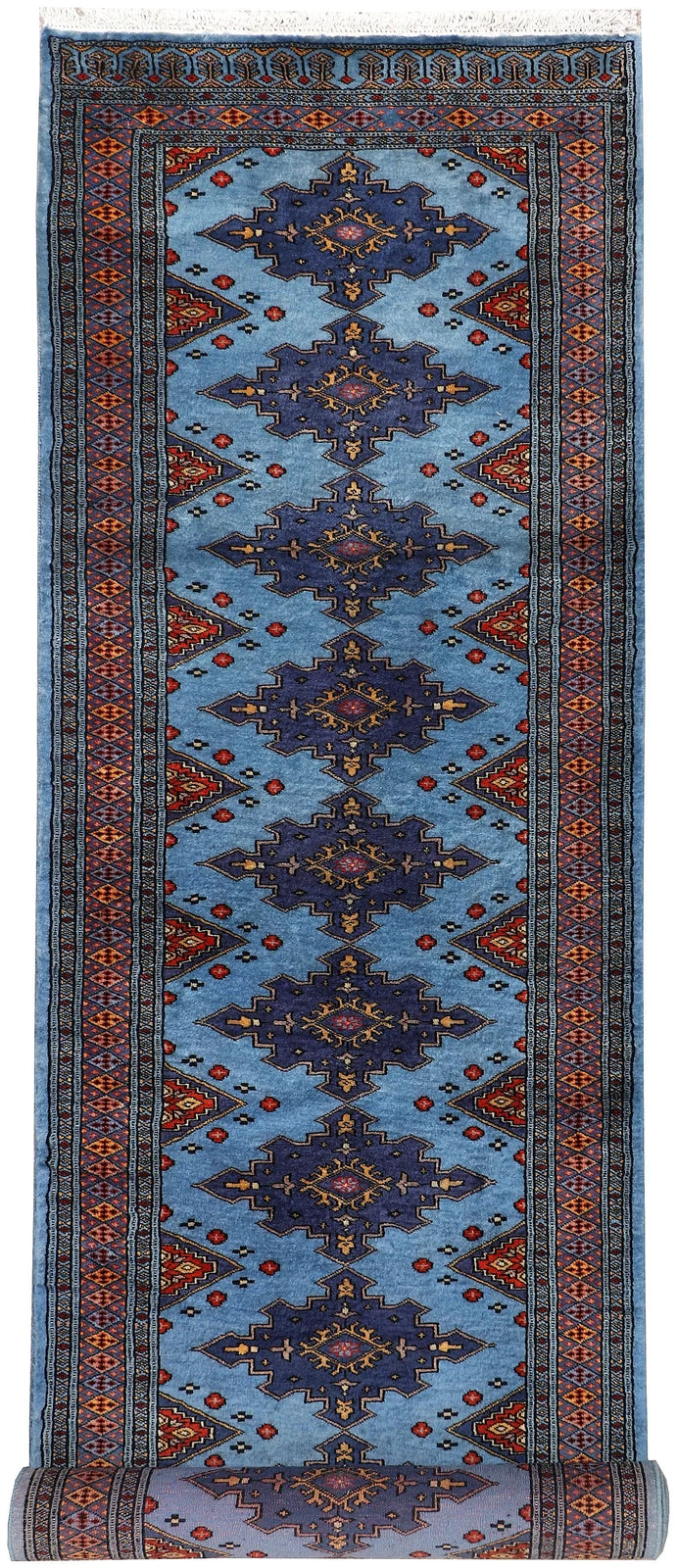 Sky Blue Pakistani Jaldar Rug 2' 7" x 10' Hand-Knotted | No. QA75944